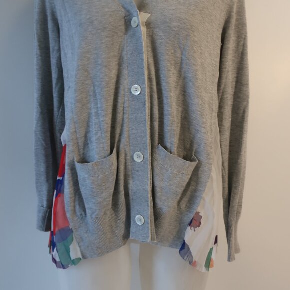 Women Sacai White Multicolor Floral Mixed Media Knit V-Neck Cardigan Sweater L - Picture 8 of 14